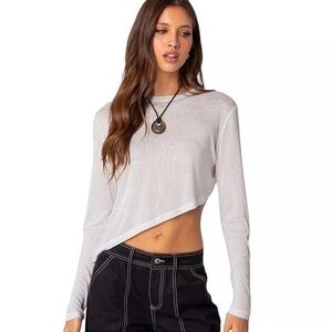 EDIKTED Asymmetric Long Sleeve T-shirt Top - White - Size XS